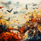 painting people beach painting ship with birds flying it