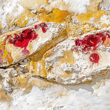 Red paint, weathered wall, outdoor, sunlit texture, design element