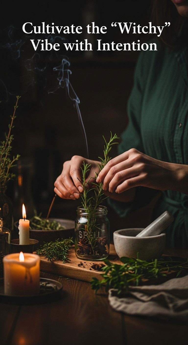 Hands arranging herbs into a glass spell jar with incense smoke, a mortar and pestle, and candlelight glow on a dark wood countertop.