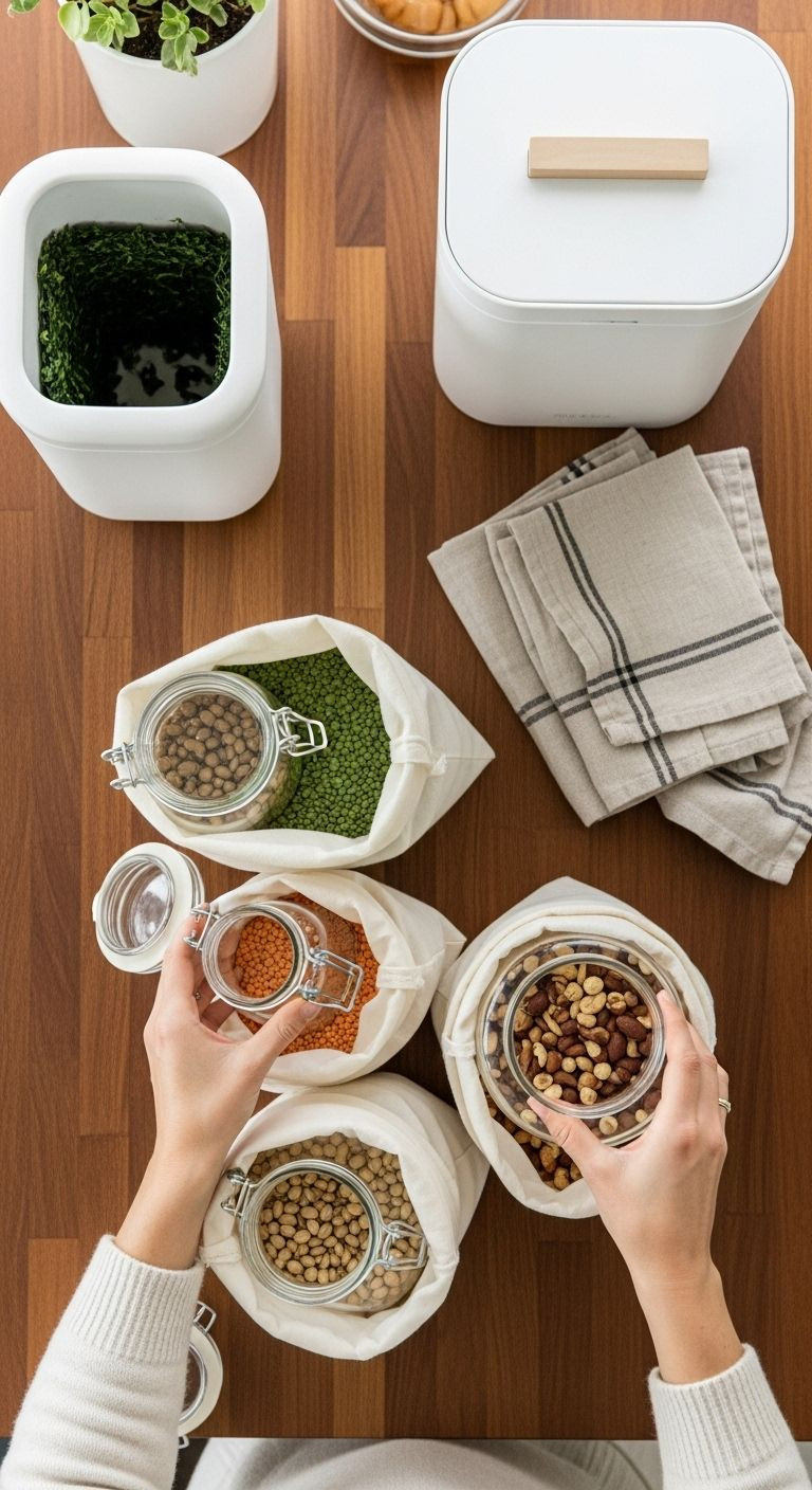 Hands filling glass jars with bulk lentils, oats, and nuts, alongside a compost bin and linen towels on a wooden kitchen counter.