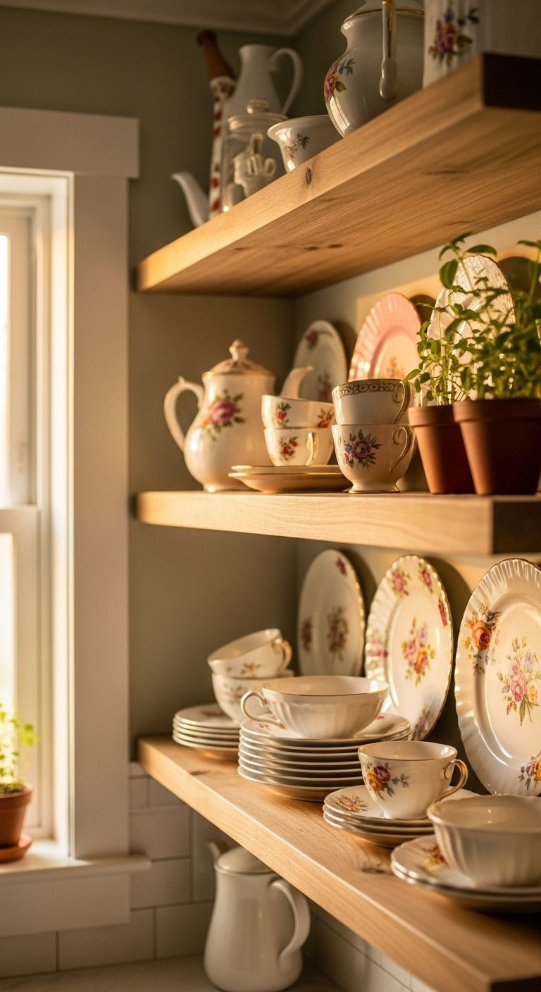 Rustic open shelves with mismatched vintage floral china, teacups, and potted herbs in terracotta pots, lit by soft natural light.