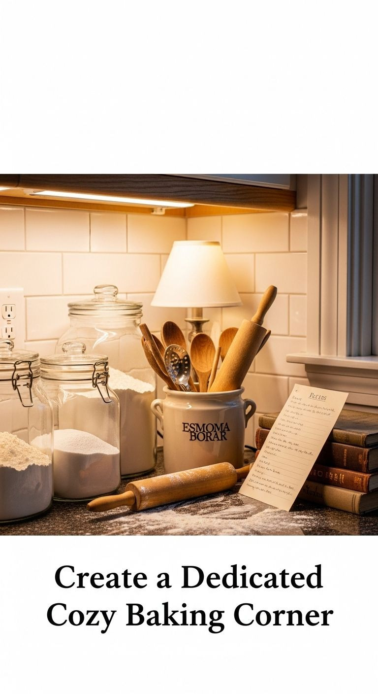 Cozy baking corner with glass jars of flour and sugar, vintage wooden spoons, rolling pin, and a handwritten recipe card on a warm wood countertop.