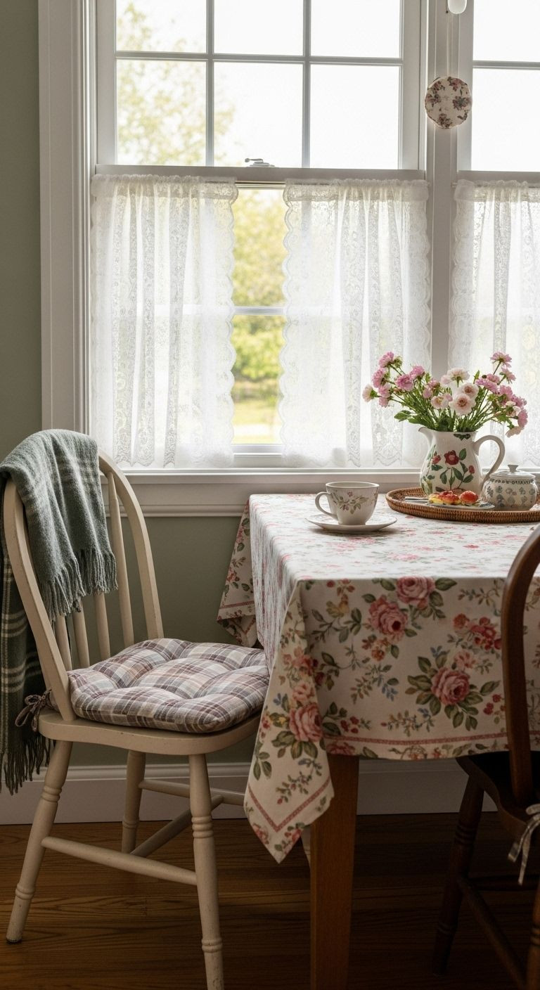 Wooden kitchen table with a vintage floral tablecloth, lace curtains, plaid cushion, and a cup of tea in soft morning light.