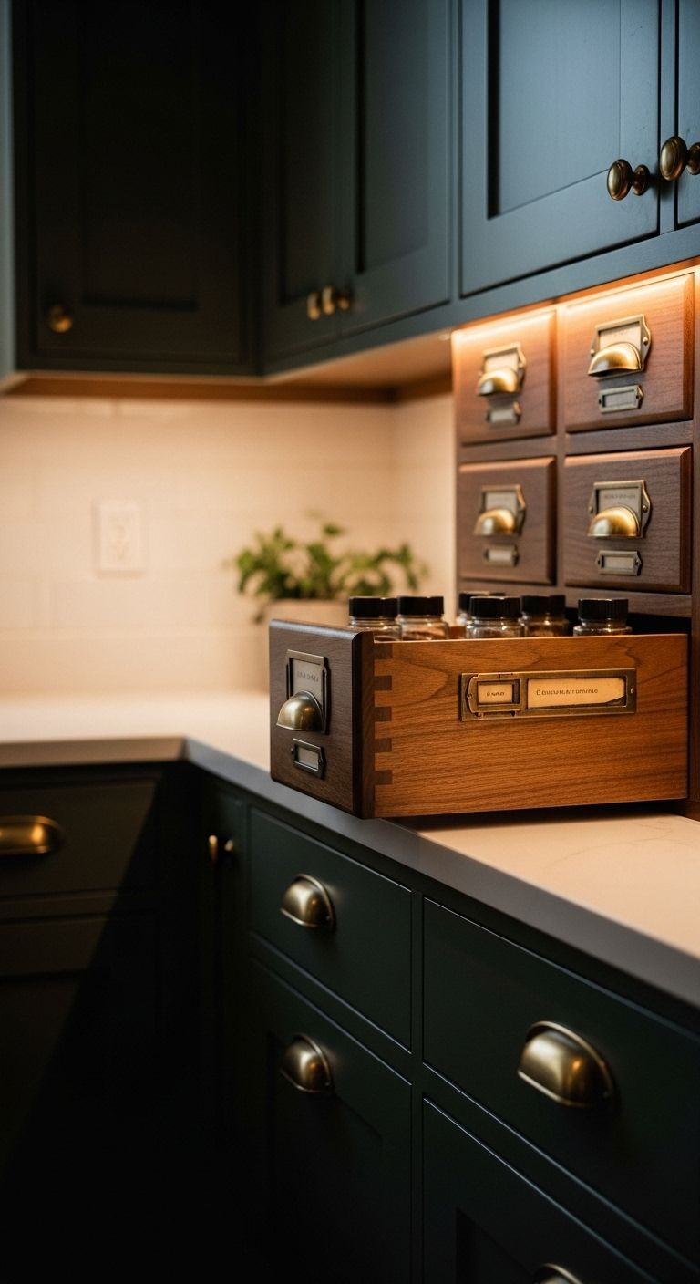 Close-up of dark green Shaker-style kitchen cabinets with vintage brass hardware and apothecary drawers, showcasing wood grain and patina details.