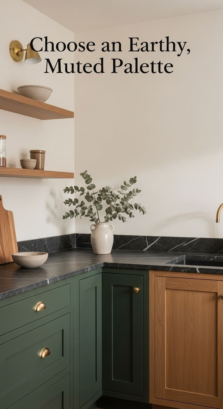 Apothecary kitchen corner with deep forest green cabinets, soapstone countertops, dried eucalyptus vase, and creamy white walls.