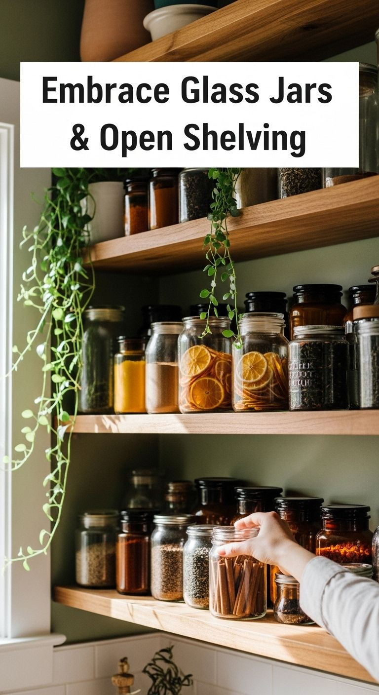 Rustic wooden open shelves filled with amber and clear glass apothecary jars, spices, dried oranges, tea, and trailing plants.
