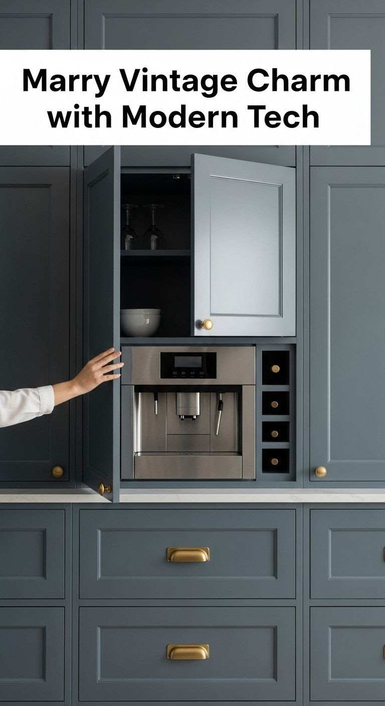 Dark blue apothecary-style cabinets with brass hardware, revealing a high-tech stainless steel coffee machine inside.