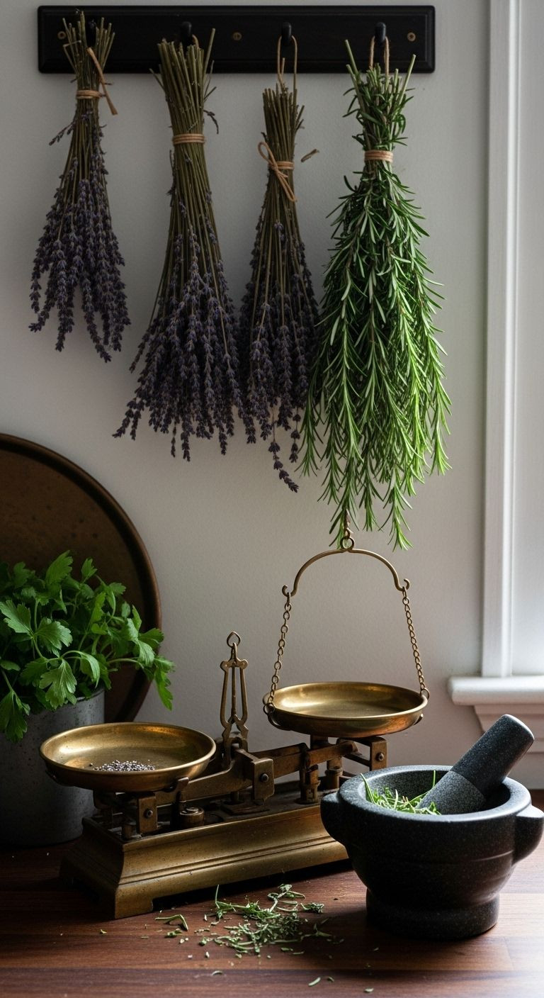Vintage brass balance scale, dark stone mortar and pestle, and dried herbs on a dark wood countertop with aged metallic accents.