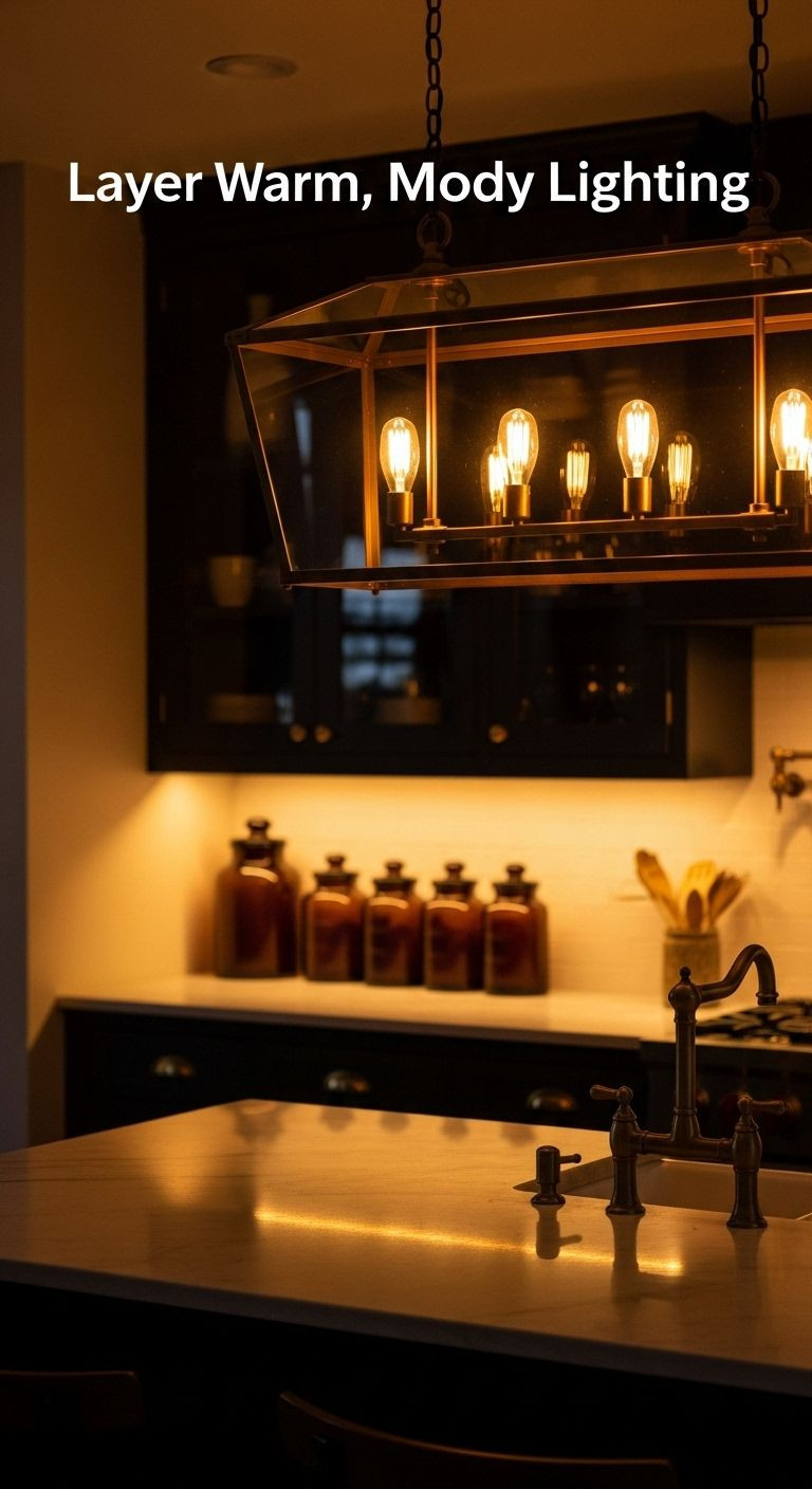 Apothecary kitchen island at dusk with vintage brass chandelier, Edison bulbs, warm lighting, and amber glass jars.