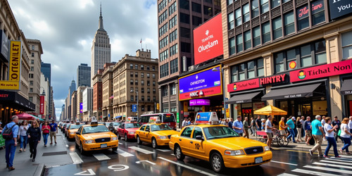 A vibrant realistic photograph capturing the bustling streets of New York City under a clear but ove.jpg
