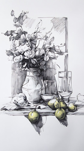 there is a drawing of a vase with fruit and a glass.jpg