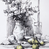 there is a drawing of a vase with fruit and a glass