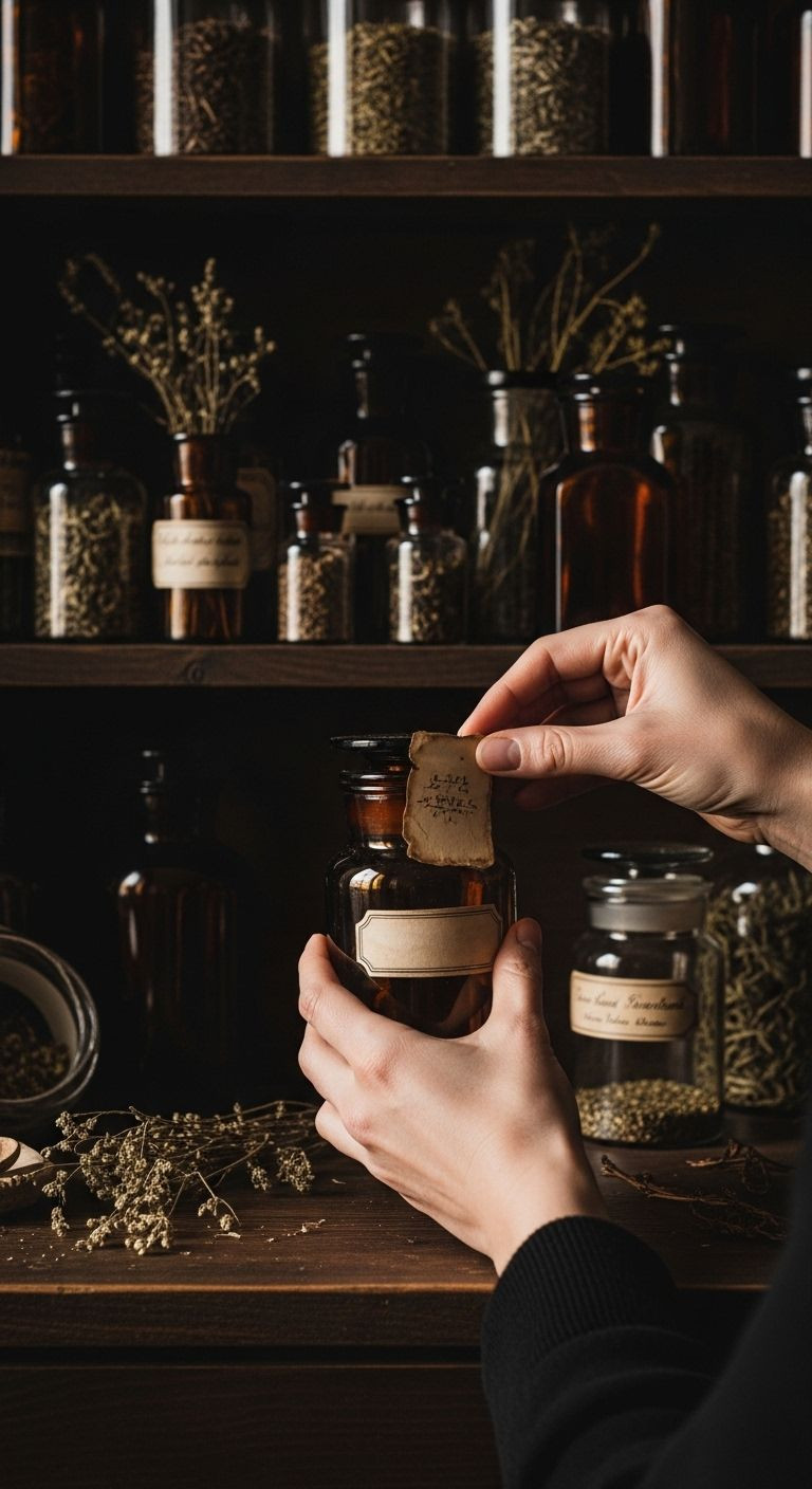 Hands placing a hand-aged paper label on an amber glass apothecary jar, surrounded by vintage bottles and jars of herbs and spices.