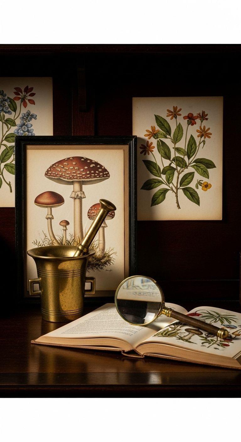 Antique brass mortar and pestle, magnifying glass, framed botanical print, and open illustrated book on a dark wooden desk.