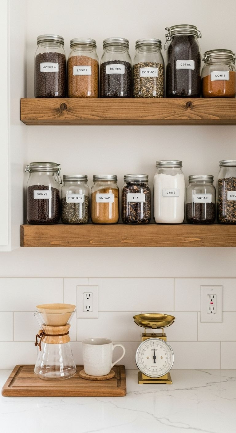 Rustic wood floating shelves with glass jars of coffee beans, loose-leaf tea, and sugar, alongside a ceramic pour-over cone and brass kitchen scale.