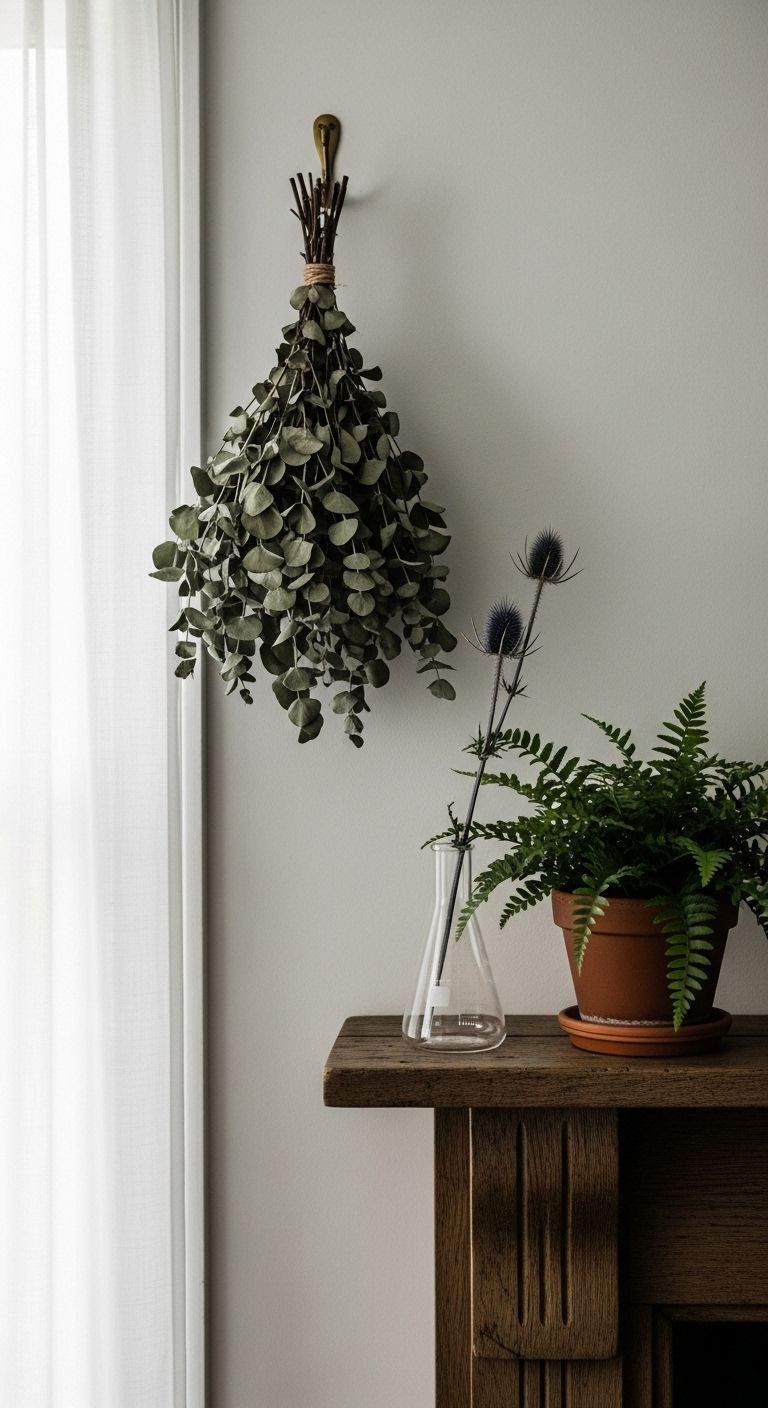 Dried eucalyptus, dark green fern in a terracotta pot, and dried thistle in a glass beaker on a rustic wooden mantelpiece with soft natural light.