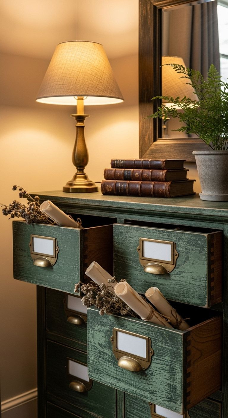 Distressed dark green apothecary cabinet with dried herbs, antique books, a table lamp, and brass label holders.