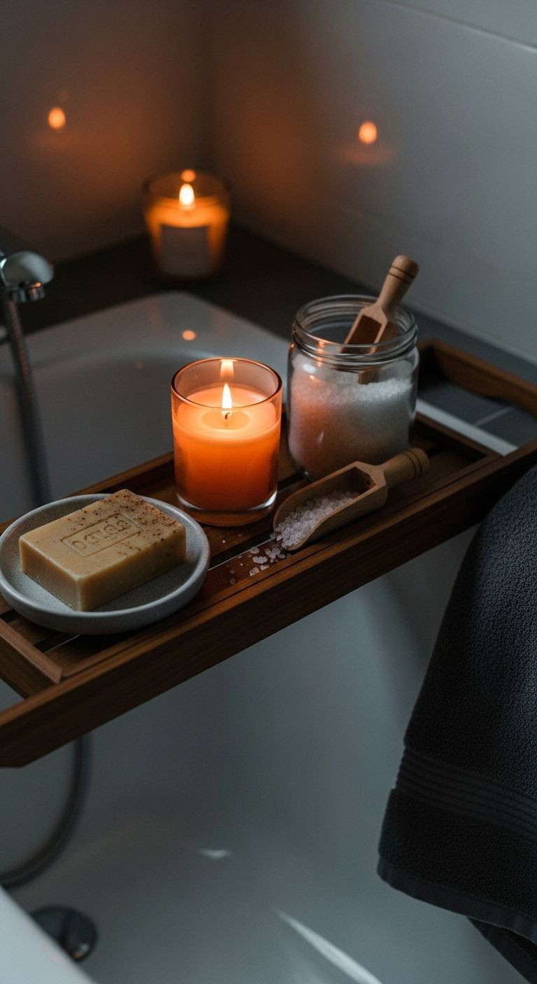 Dark wood bath tray with a lit candle, handmade soap, bath salts, and a folded grey towel on the edge of a bathtub.