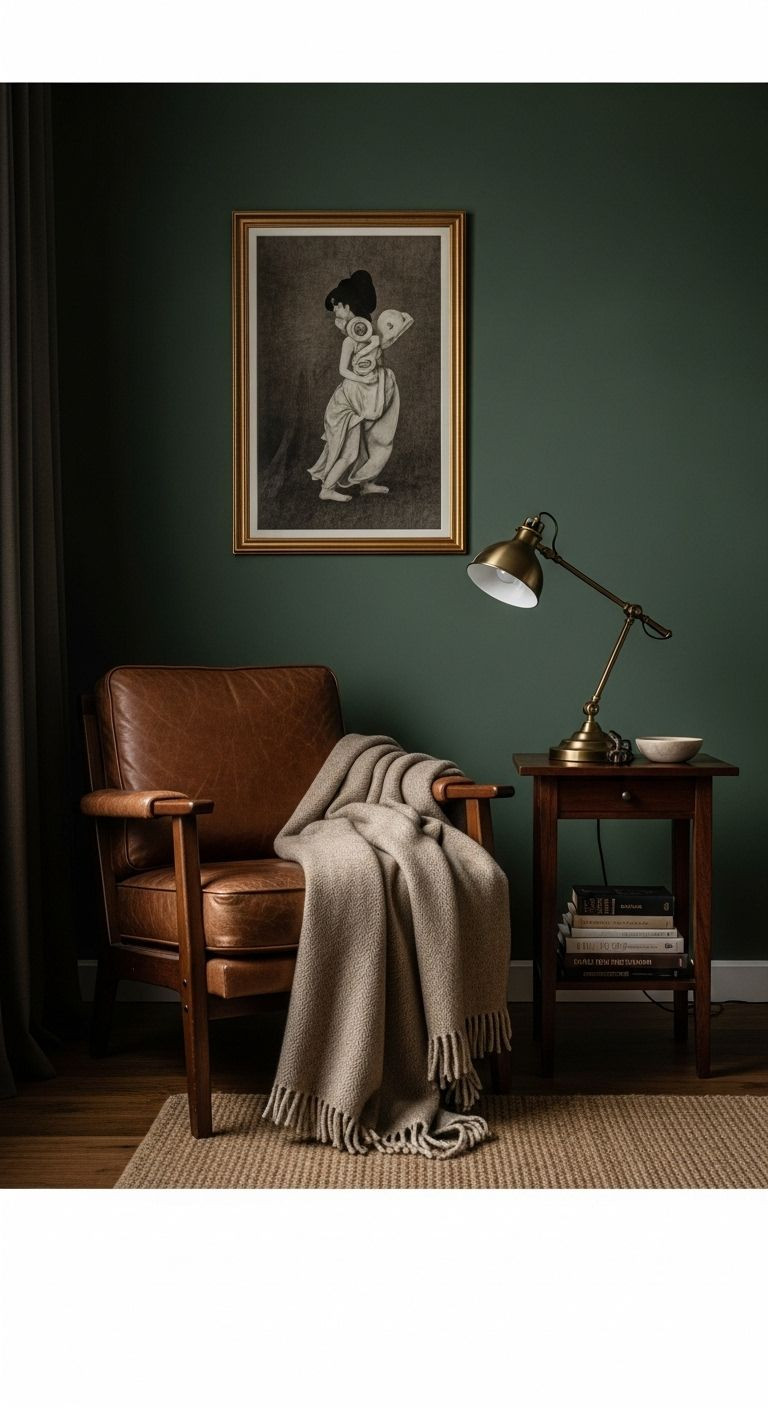 Vintage brown leather armchair with a beige wool throw, dark wood side table, brass reading lamp, and books in a forest green living room corner.
