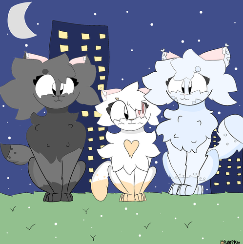 (My OCs)
On the right, waterwhisker. The left, fuzzywing. And the middle, flowerpaw! (AKA, flowerface! :P) Also, its snowing!