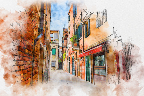 Watercolor drawing picture of Venice Famous landmark of Italy, Venezia Italy.