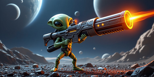 Absurdly Adorable Alien AAA in a heroic pose wielding an absurdly large laser gun AAA stands confide.jpg