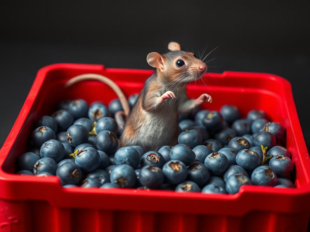 A red box of blue berries with a rat dancing inside
