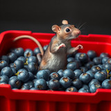 www.naked-ai.art - A red box of blue berries with a rat dancing inside