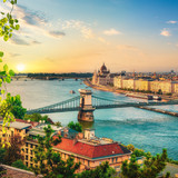 View of Budapest landmarks at beautiful sunset