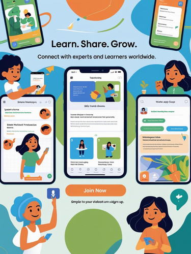 Create a vibrant and user friendly promotional image for a skill sharing app. Feature diverse illust.jpg