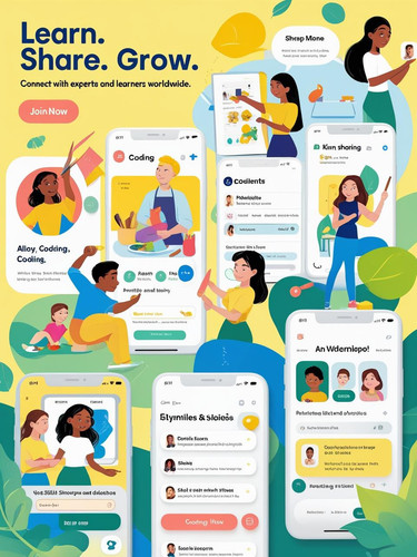 Create a vibrant and user friendly promotional image for a skill sharing app. Feature diverse illust.jpg