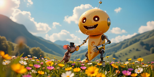 A surreal and whimsical scene featuring a giant friendly robot made of shiny metallic Swiss cheese T.jpg