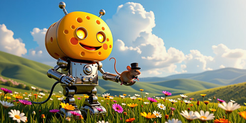 A surreal and whimsical scene featuring a giant friendly robot made of shiny metallic Swiss cheese T.jpg
