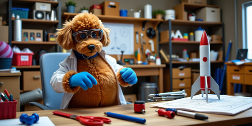 Big Belly Bob BBB a plush labradoodle with an absurdly large spherical belly as a rocket scientist b.jpg