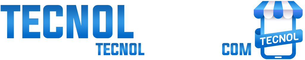 Logo TecnoWhite with blue and white colors and a small store icon