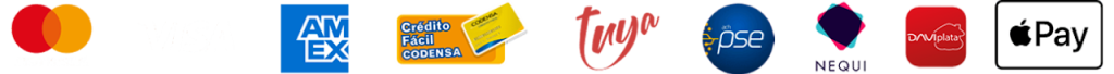Payment methods logos including Mastercard, Visa, American Express, Diners Club, Twys, PSE, Habitat, Apple Pay in a single horizontal image