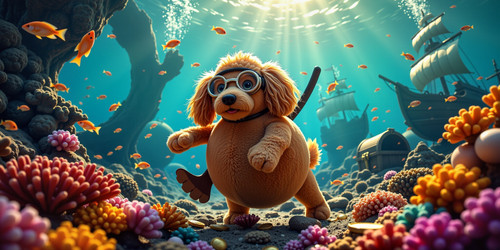 Big Belly Bob BBB a plush labradoodle with an absurdly large spherical belly exploring underwater tr.jpg