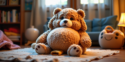 Big Belly Bob BBB a plush labradoodle with an absurdly large spherical belly sitting like a teddy be.jpg