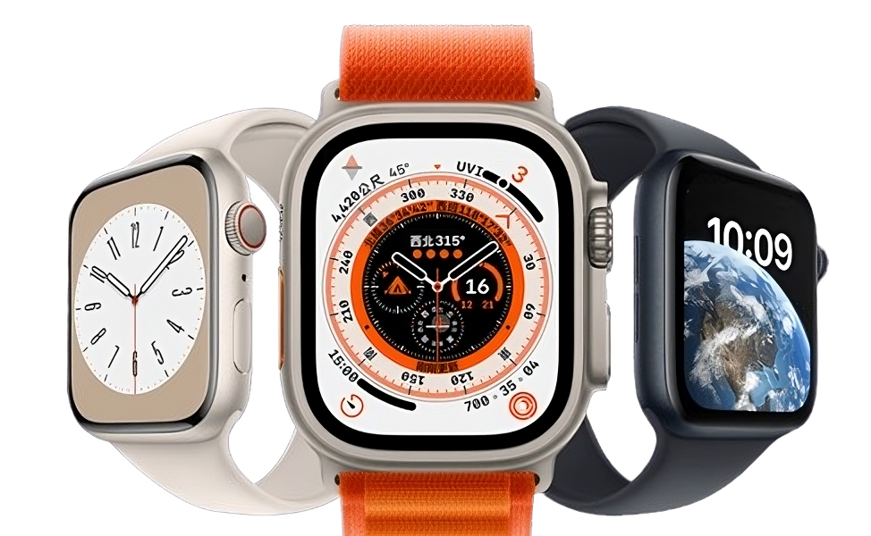 Imagen de tres relojes inteligentes con correas de colores blanco, naranja y negro, mostrando diferentes pantallas digitales