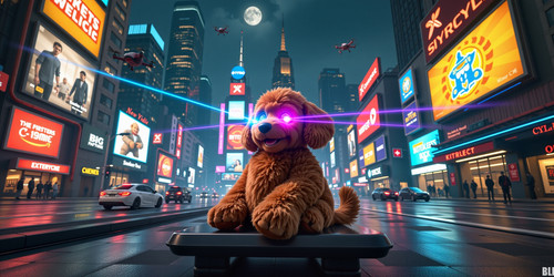 BBB a plush labradoodle with an absurdly large spherical belly sitting cutely in a cyberpunk city Th.jpg