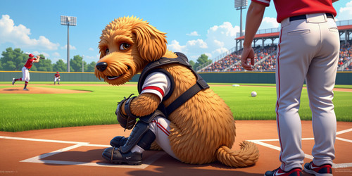 BBB a plush labradoodle with an absurdly large spherical belly depicted as a baseball catcher sittin.jpg