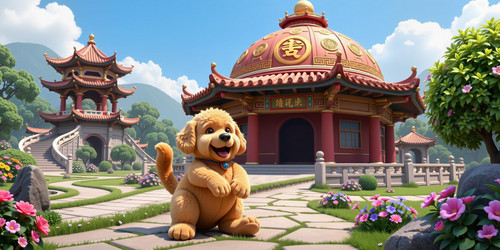 BBB a plush labradoodle with an absurdly large spherical belly sitting in front of a very round reli.jpg