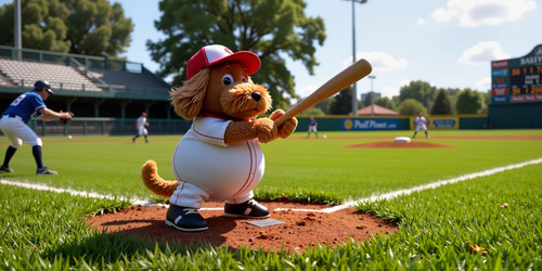 Big Belly Bob BBB a plush labradoodle with an absurdly large spherical belly playing baseball in a p.jpg