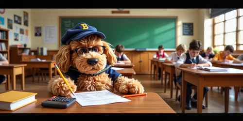 Big Belly Bob BBB a plush labradoodle with an absurdly large spherical belly taking an exam in a cla.jpg