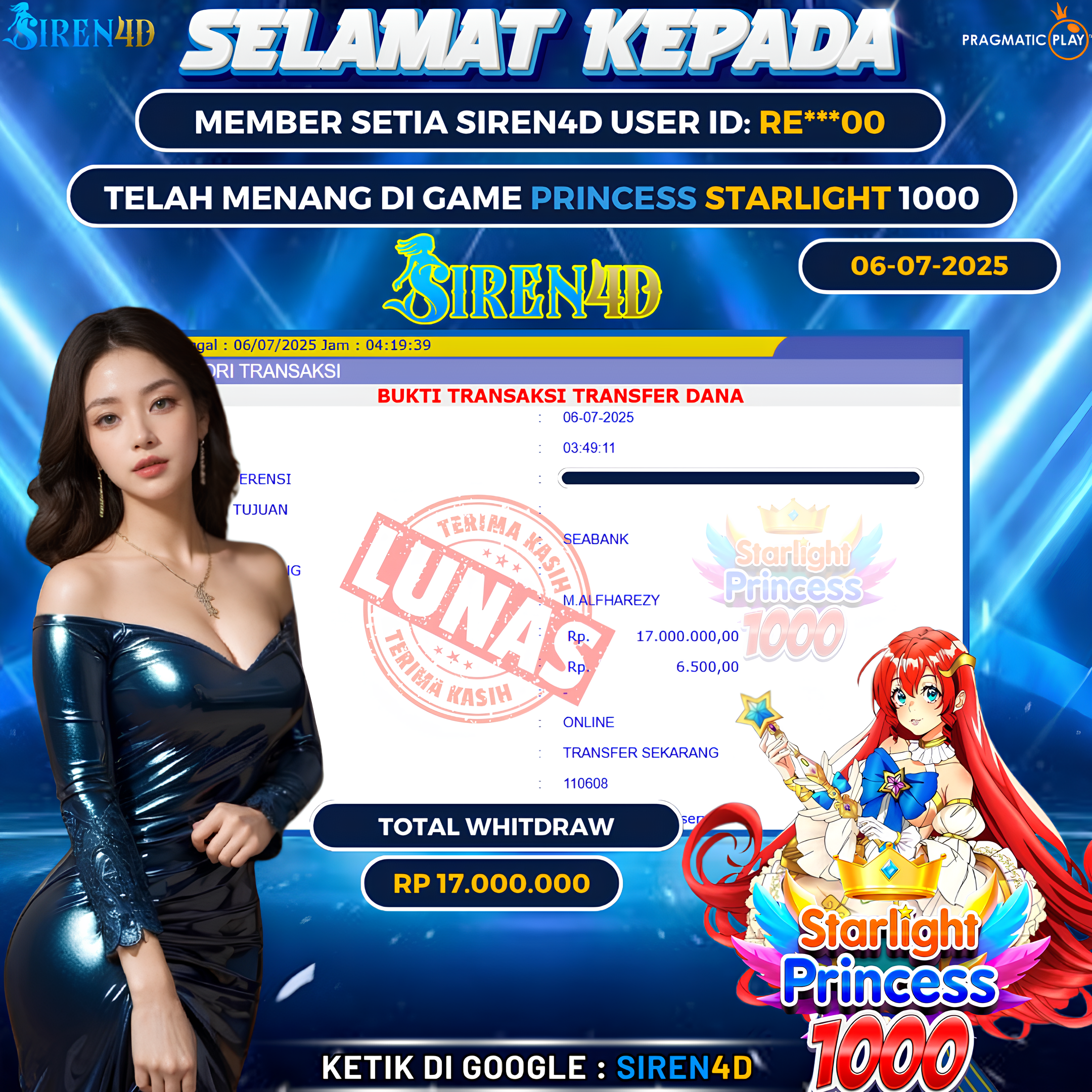 SIREN4D  - JACKPOT DI GAME PRINCESS STARLIGHT RP 17JT DIBAYAR LUNAS