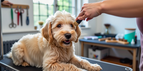 A Labradoodle with a fleece coat being groomed The Labradoodle is sitting calmly on a grooming table.jpg