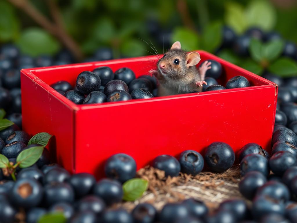 A red box of blue berries with a rat dancing inside