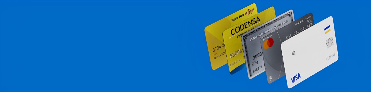 Fondo con tarjetas de crédito CODENSA, American Express, Mastercard y Visa en fondo azul