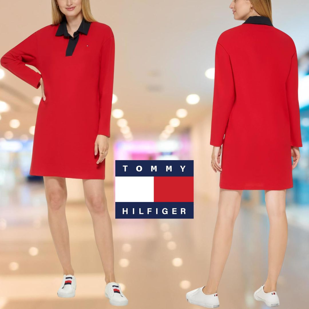 Tommy Hilfiger Vestido esportivo feminino de manga comprida com gola Johnny Tommy Hilfiger Vestido esportivo feminino de manga comprida com gola Johnny