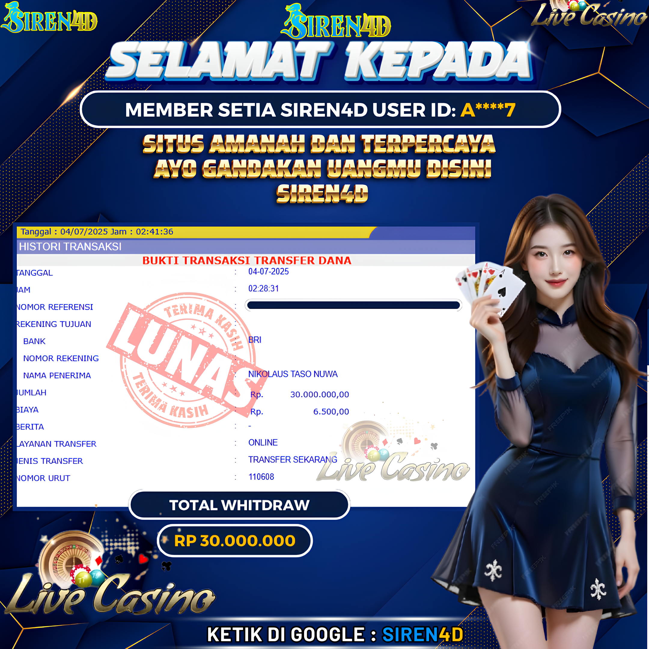 SIREN4D  - JACKPOT DI GAME LIVE CASINO RP 30JT DIBAYAR LUNAS